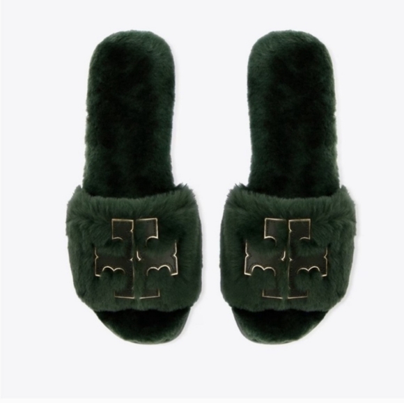 Tory Burch Shoes - TORY BURCH Double T Shearling Slide Camo Militare Gold Calf Leather Women size 7
